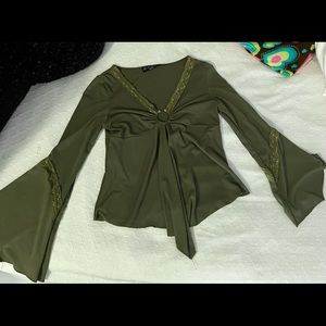 Size small. Olive green, bell-sleeve, boho-chic style blouse. Fits B-cup best.